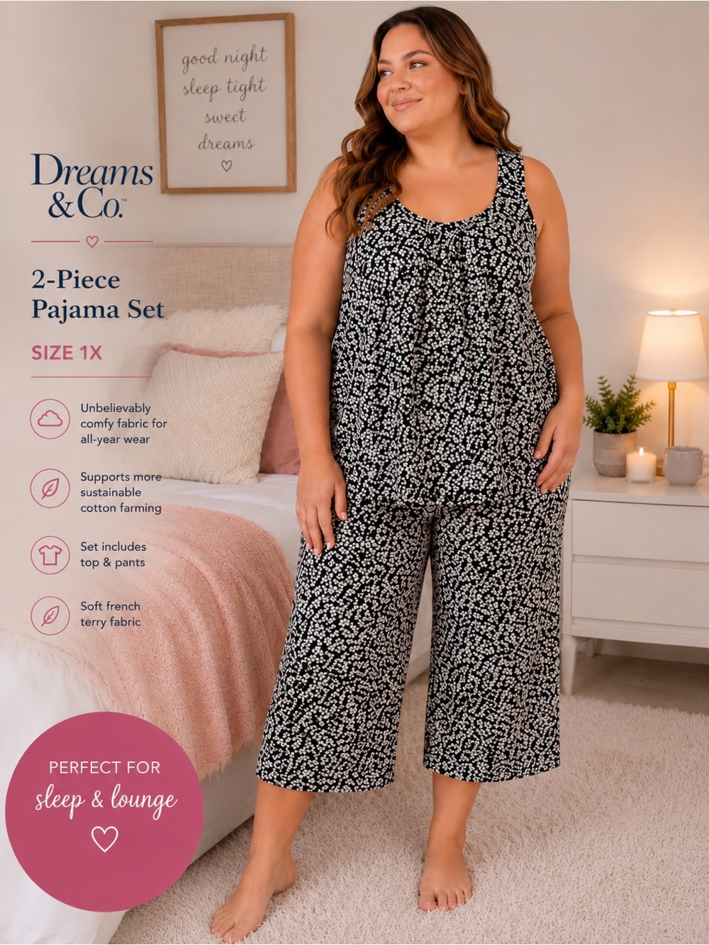 Dreams & Co 2-Piece Pajama Set Size 1X Black White Floral Sleep Lounge Set NWT